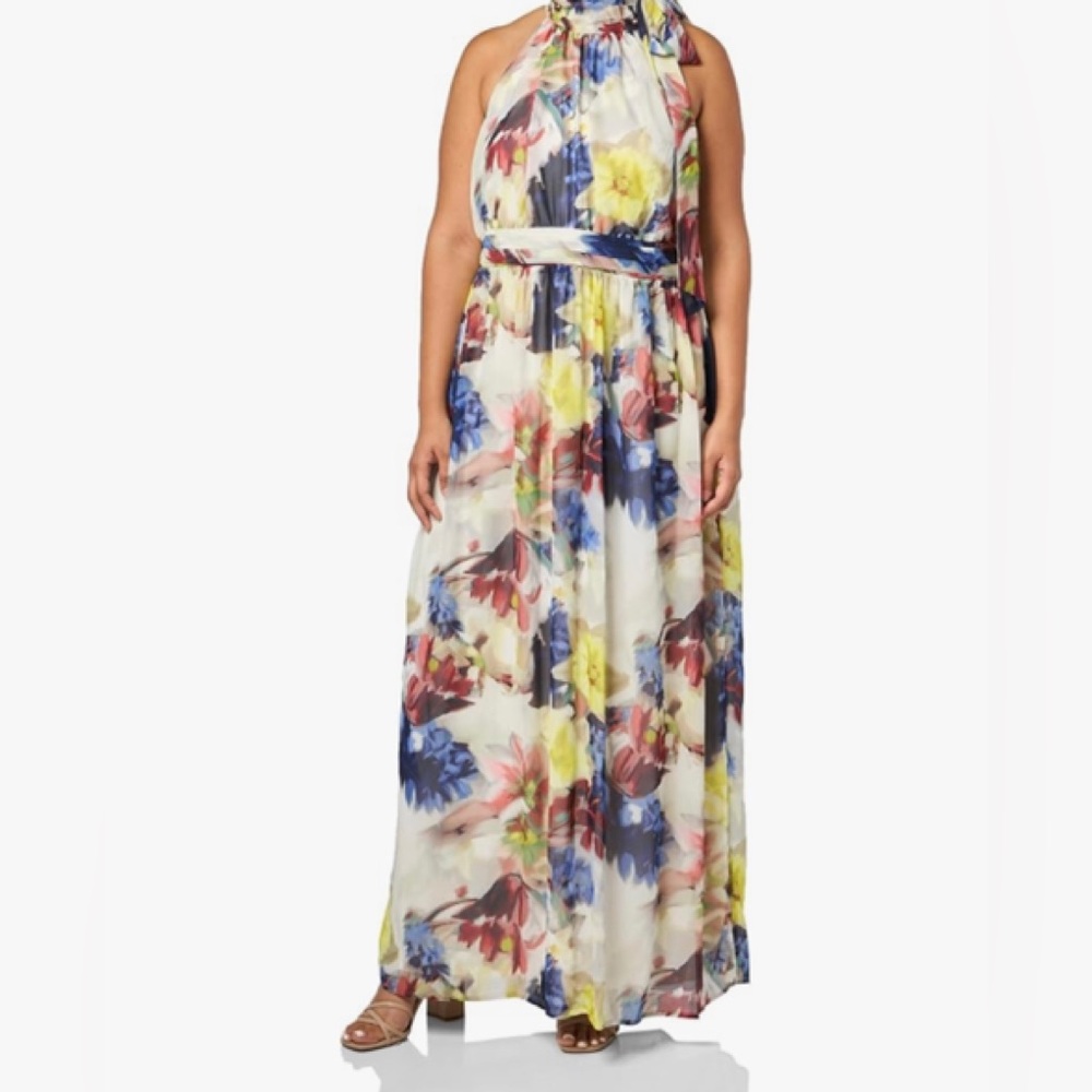 Anne Klein Dress Women Sz#14w Maxi Tie Neck One Size Floral  New